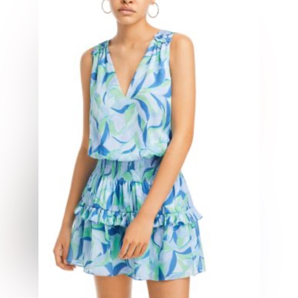 Ramy Brook Kiera Smocked Mini Dress Blue Quartz Leaf Print